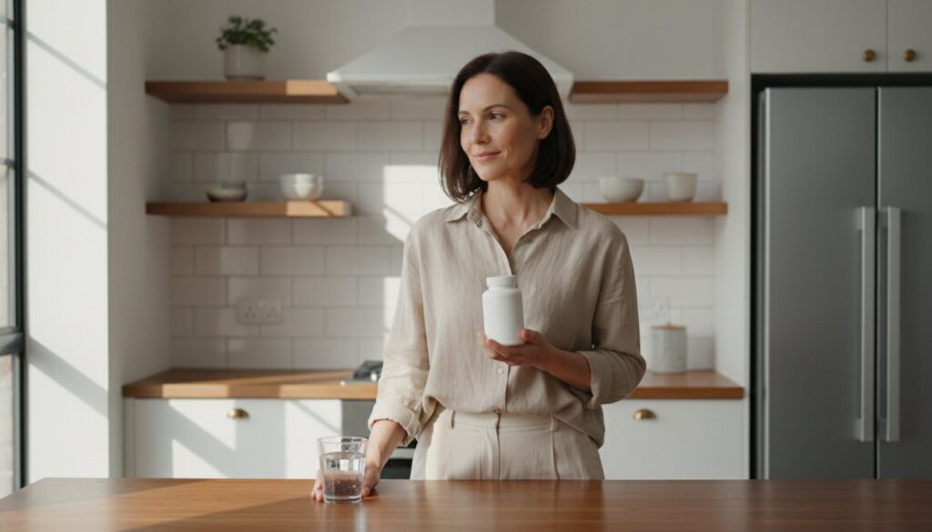 Eye-level view of a woman over 40 holding a magnesium supplement bottle in a bright kitchen