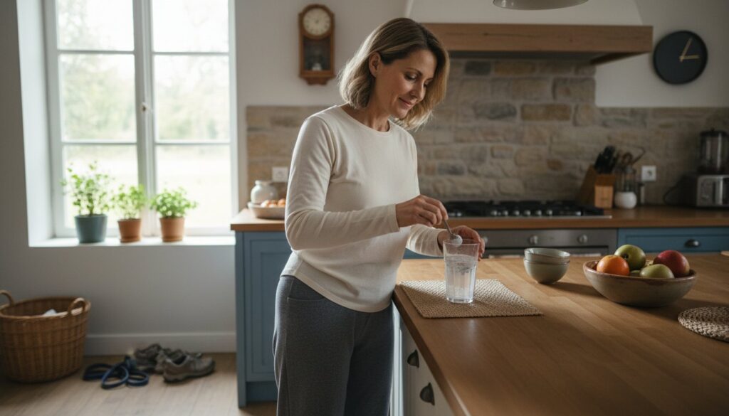 Wide-angle view of a woman adding magnesium powder to a glass of water after a walk
