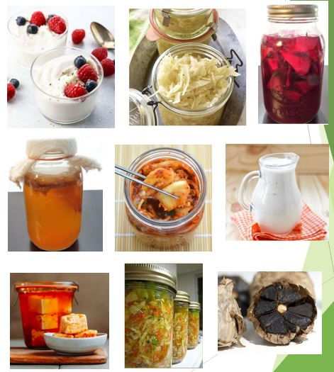 several types of fermented foods such as kefir, yogurt, beet kvass, sauerkraut, apple cider vinegar, kombucha, fermented tofu and black garlic