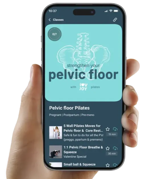 Phone showing the LovJoy Pilates pelvic floor program
