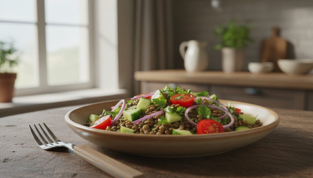 Close-up of a lentil and vegetable salad with olive oil in a shallow bowl.