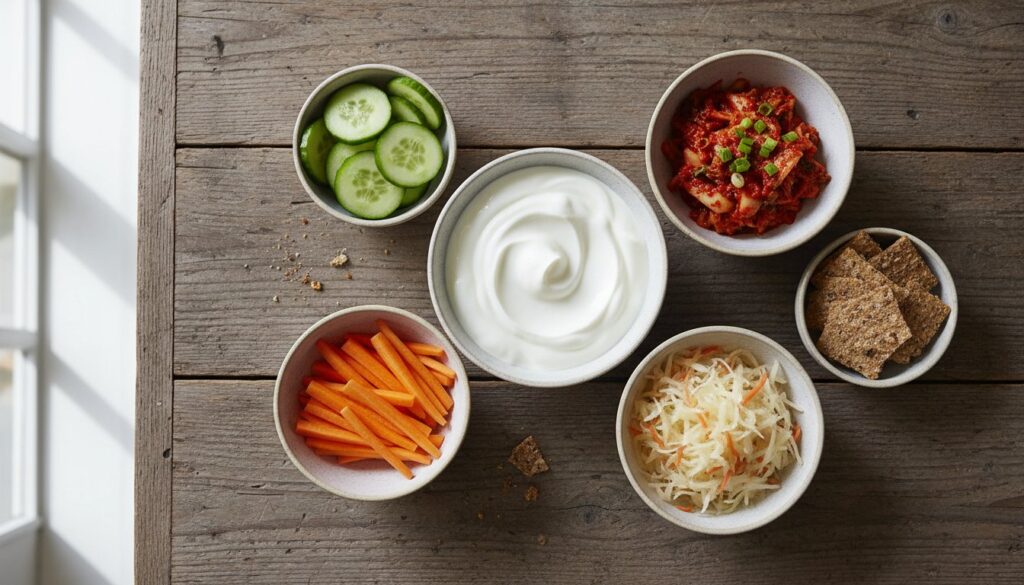 Top-down view of fermented foods and vegetables arranged on a small table.