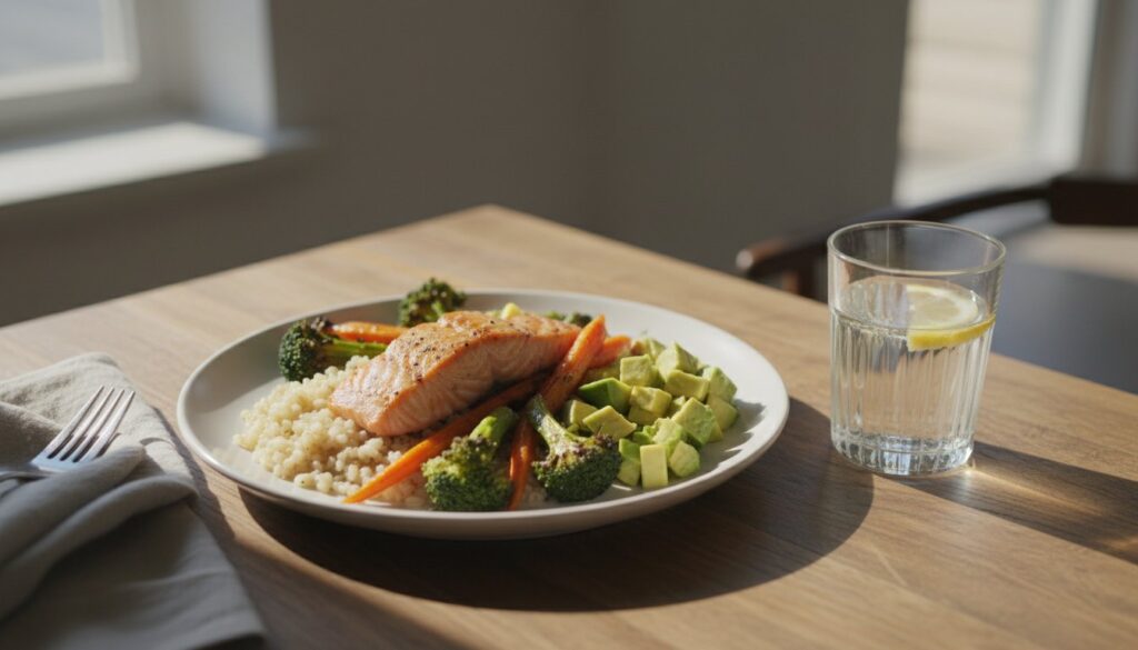 Wide-angle view of a balanced dinner plate with salmon, barley, and roasted vegetables.